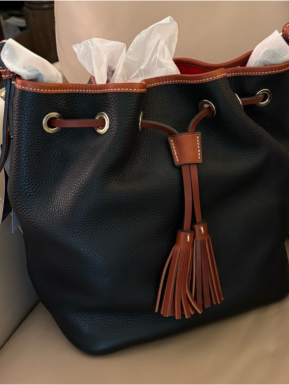 Dooney & Bourke Black Pebbled Leather Drawstring Shoulder Bag with Brown Trim